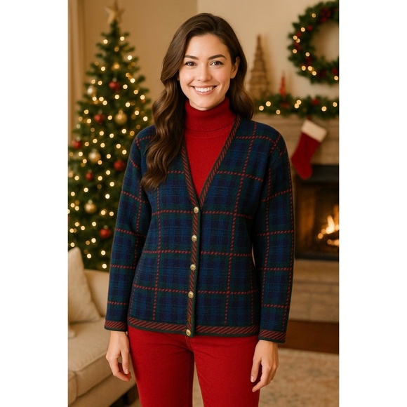 Vintage PENDLETON Wool Plaid Cardigan Sweater Holidays...